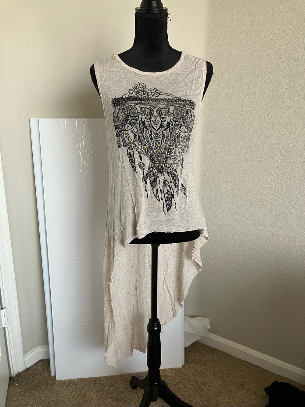 Bella D. Cream Boho Elephant Graphic Tank